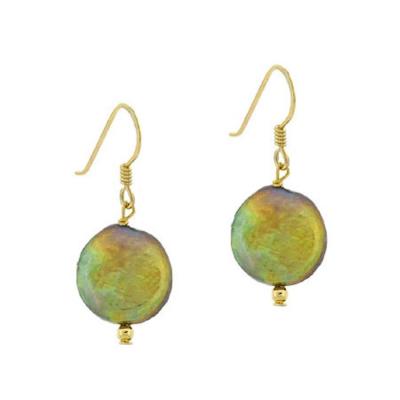 18K Gold over Sterling Silver Freshwater Cultured Golden-Green Coin Pearl Earrings