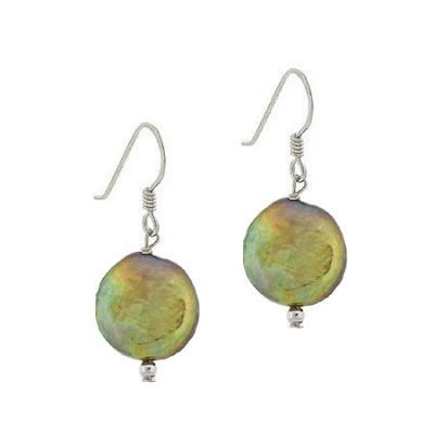 Sterling Silver Freshwater Cultured Green Coin Pearl Dangle Earrings