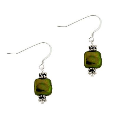 Sterling Silver Green Freshwater Cultured Square Coin Pearl & Bali Bead Earrings