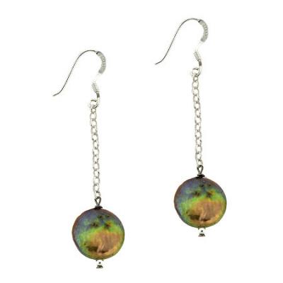 Sterling Silver Golden-Green Freshwater Cultured Coin Pearl Drop Earrings