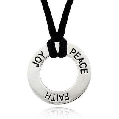 Inspire Sterling Silver .925  Joy  Peace  Love  Word Talk Round Circle Black Silk Pendant Necklace