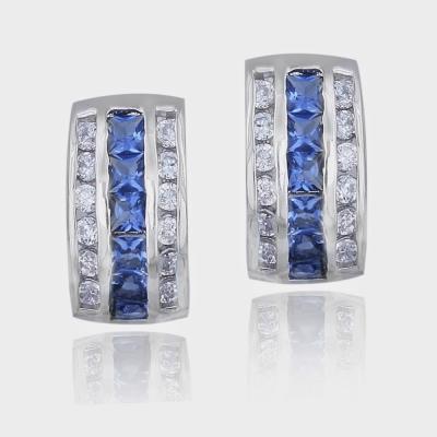 Sterling Silver Tanzanite & Clear CZ Pattern 3 Row Earrings