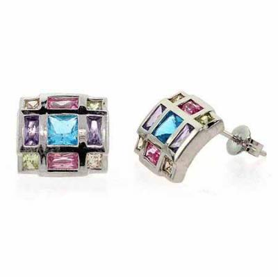 Sterling Silver Multi Color CZ Square Stud Earrings