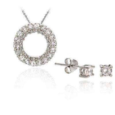 Sterling Silver CZ Eternity Pendant & Stud Earring Set