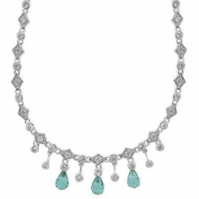 Sterling Silver Simulated Diamond cz Round link Aquamarine Teardrop Necklace