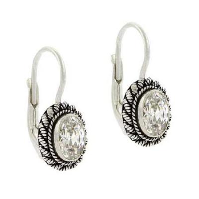 Sterling Silver CZ Bali Bead Oval Leverback Earrings