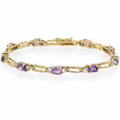 18K Gold over Sterling Silver Amethyst  & Diamond Accent Rectangle Link Bracelet