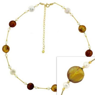 18K Gold over Sterling Silver Multi-Color Freshwater Cultured Coin Pearl and Bar Link Necklace