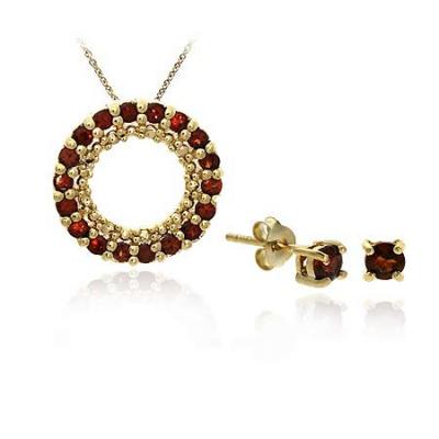 18K Gold/ Sterling Silver Garnet Pendant Stud Earring Set