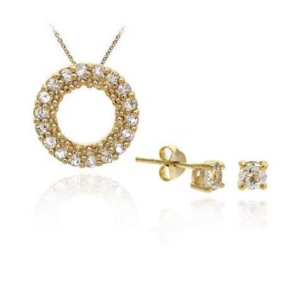 18K Gold/ Sterling Silver CZ Pendant Stud Earring Set
