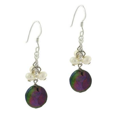 Sterling Silver .925 Iridescent Black & White Genuine Freshwater Cultured Coin Pearl Round Rolo Link Chain Dangle Hook Cluster Earrings
