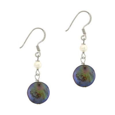 Sterling Silver Freshwater Cultured Peacock Coin Pearl Dangle Earrings