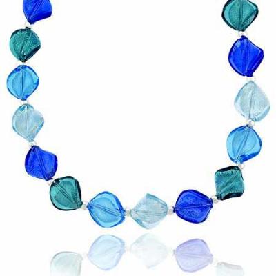 Ocean Sterling Silver .925 Aqua Blue, Royal Blue, Sky Blue Glass Twisted Foil Bead Round Glitter Necklace