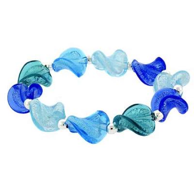Sterling Silver Multi-Blues & Aqua Twisted Foil Glass Stretch Bracelet
