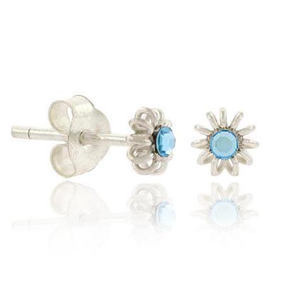 Sterling Silver Light Blue Rhinestone Flower Mini Stud Earrings