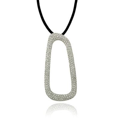 Modern Sterling Silver .925 Genuine Leather Simulated Diamond cz Geometric Pendant Necklace 18'