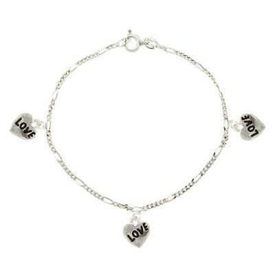Sterling Silver .925 Figaro Link Black Enamel Love  Word Heart Charm Dangle Bracelet