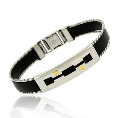 Genuine 18K Gold rubber Stainless Steel Screws Cable Mens Bracelet