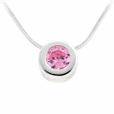 Sterling Silver Pink CZ Bezel-Set Round Slide Pendant