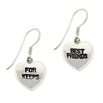 Sterling Silver Best Friends & For Keeps Heart Dangle Friendship Earrings