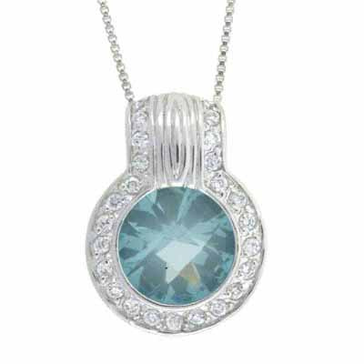 Sterling Silver round Simulated Aquamarine CZ and Simulated Diamond CZ Pendant