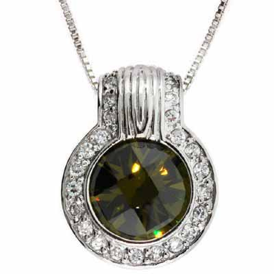 Sterling Silver Round Olive Green and Simulated Diamond CZ Circle Pendant