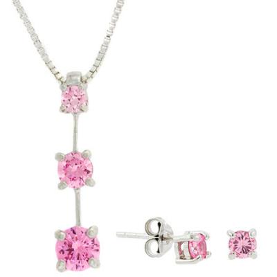 Sterling Silver Pink cz Past Present and Future Earring and Pendant Jewelry Set