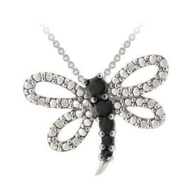 Sterling Silver 1/10ct Black and White Diamonds Dragonfly Necklace