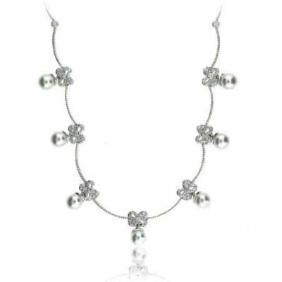 Celebrity Sterling Silver Simulated Diamond CZ  simulated Pearl Bow Necklace