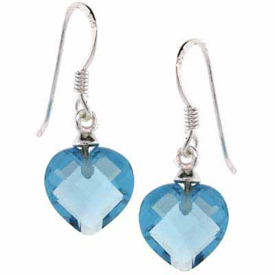 Sterling Silver Aquamarine CZ Heart Dangle Earrings