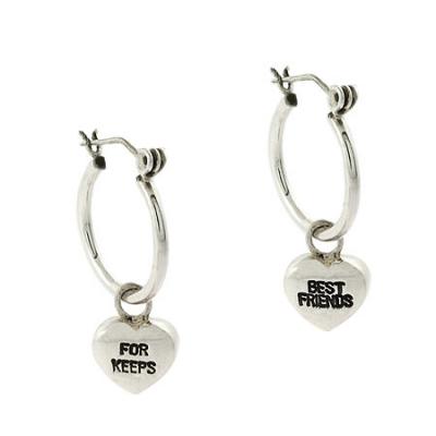 Sterling Silver Best Friends For Keeps Puffed Heart Charm Hoop Dangle Earrings