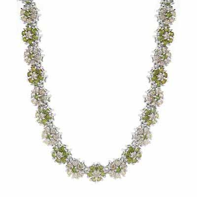 Vintage-Inspired Olive Green CZ and Champagne CZ Floral Silver Necklace