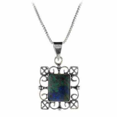 Genuine Azurite Stone Sterling Silver Filigree Rectangle Pendant