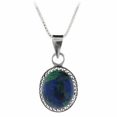 Sterling Silver Genuine Azurite Stone Filigree Oval Pendant