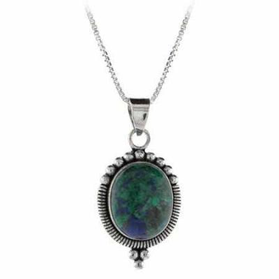 Sterling Silver Genuine Azurite Stone Bali Beaded Oval Pendant