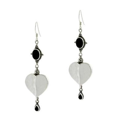 Sterling Silver Bali Bead Bezel Genuine Onyx Stone Heart Dangle Teardrop Oval Earrings