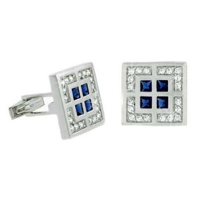 Sterling Silver Clear & Blue CZ Square Geometric Mens Cufflinks