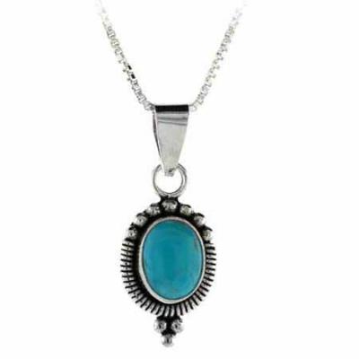 Sterling Silver Bali Bead Reconstituted Blue Turquoise Stone Oval Pendant