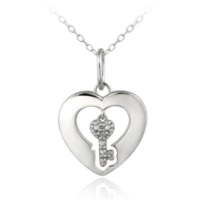 Sterling Silver Diamond Accent Dangling Key Heart Necklace