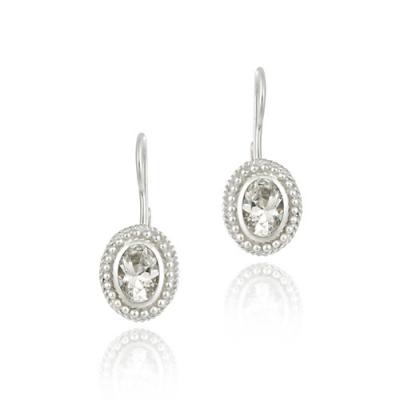 Sterling Silver CZ Bali Bead Oval Leverback Earrings