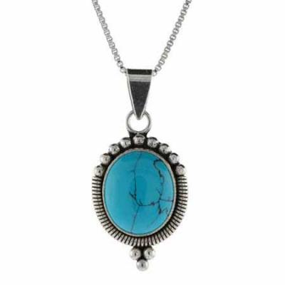 Sterling Silver Reconstituted Blue Turquoise Stone Bali Beaded Oval Pendant