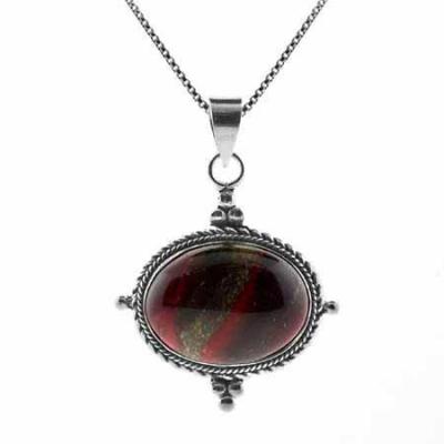 Sterling Silver Genuine Chalcedite Stone Bali Bead Twisted Border Oval Pendant