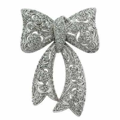 Sterling Silver Simulated Diamond cz Flower Filigree Bow Pin