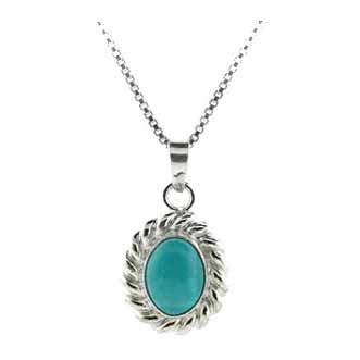 Sterling Silver Created Blue Turquoise Twisted Border Oval Pendant