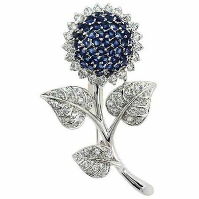 Sterling Silver Simulated Diamond cz and Dark Blue cz SunFlower Pin