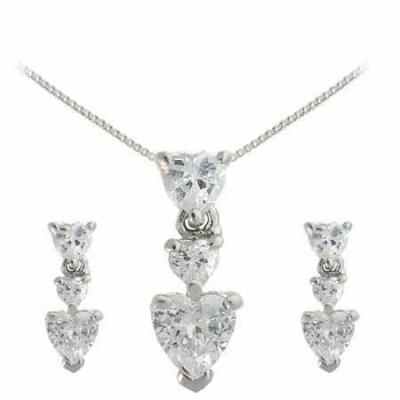 Sterling Silver Simulated Diamond cz Graduating Heart Earring and Slide Pendant Set