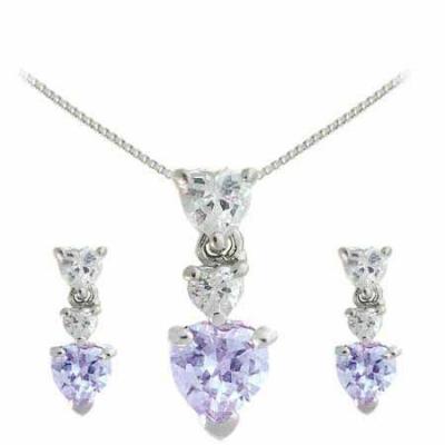 Sterling Silver Lavender cz Graduating Heart Earring and Slide Pendant Set