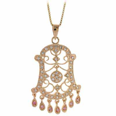 24kt Gold over Silver Diamond and Pink cubic zirconia Filigree Chandelier Pendant