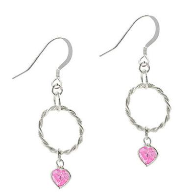Sterling Silver Pink CZ Heart & Twist Hoop Dangle Earrings