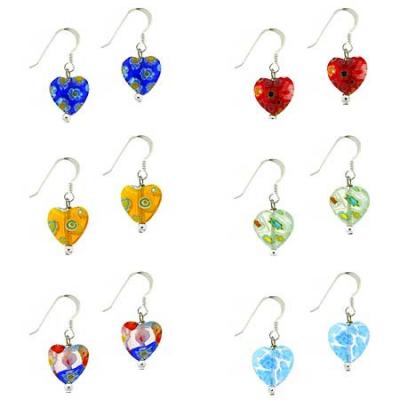 Sterling Silver Multi Color Murano Glass Heart Dangle Earrings Set
